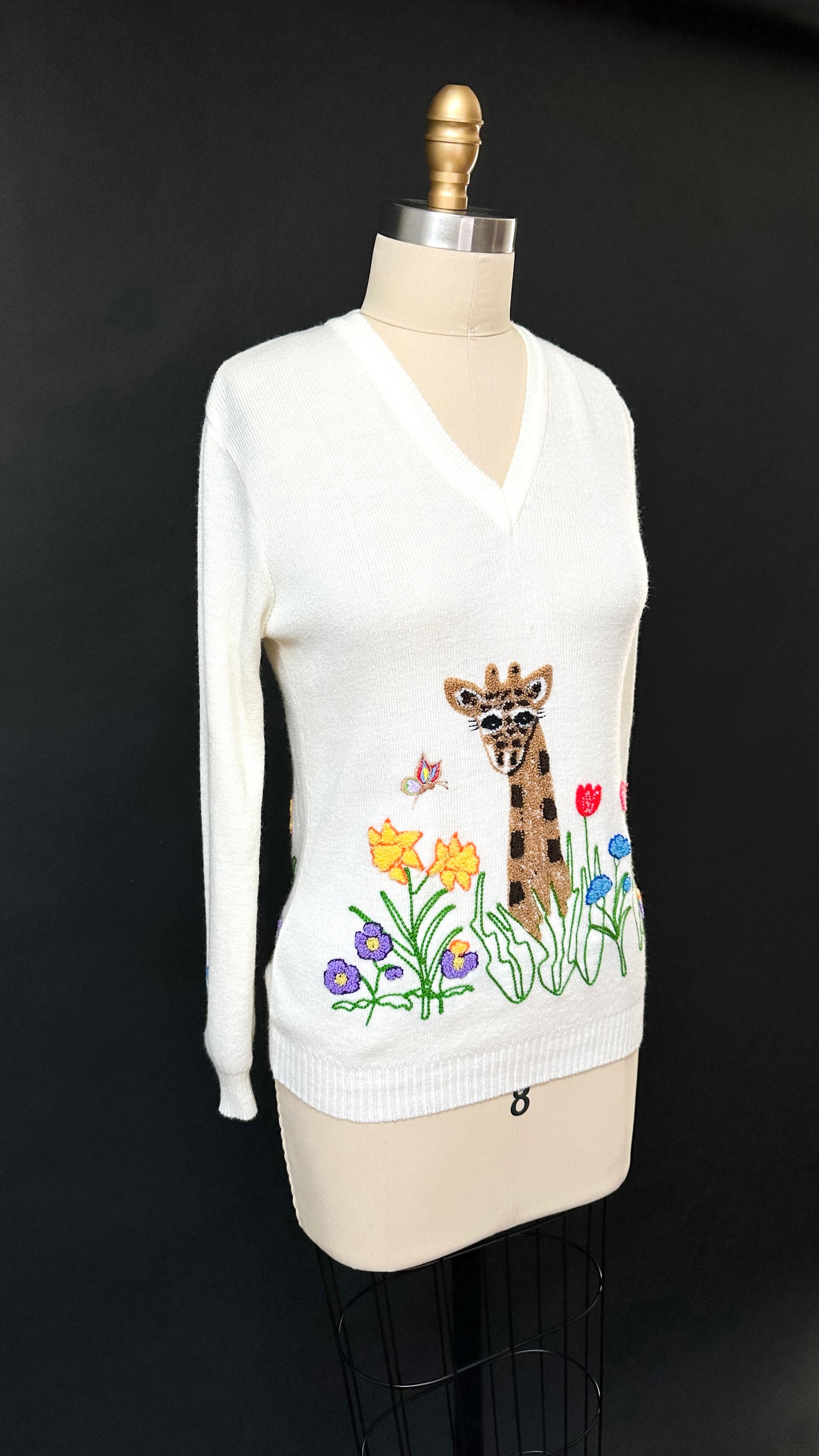 Vintage 60s/70s Cyn Les Shirlee Cream Giraffe Embroidered Knit Top (S)