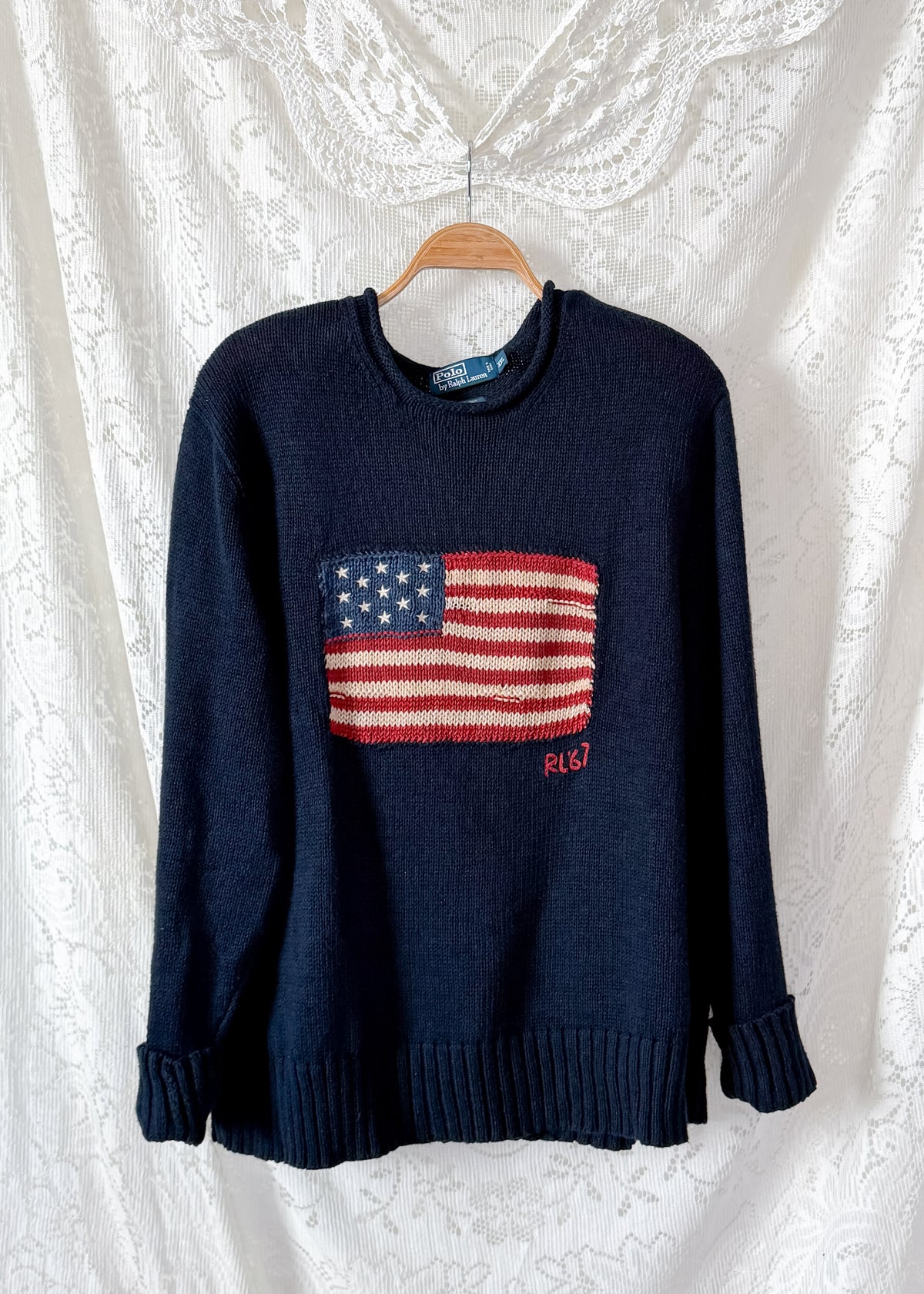 Vintage 00s Polo Ralph Lauren RL67 American Flag Linen Cotton Rolled Neck Sweater