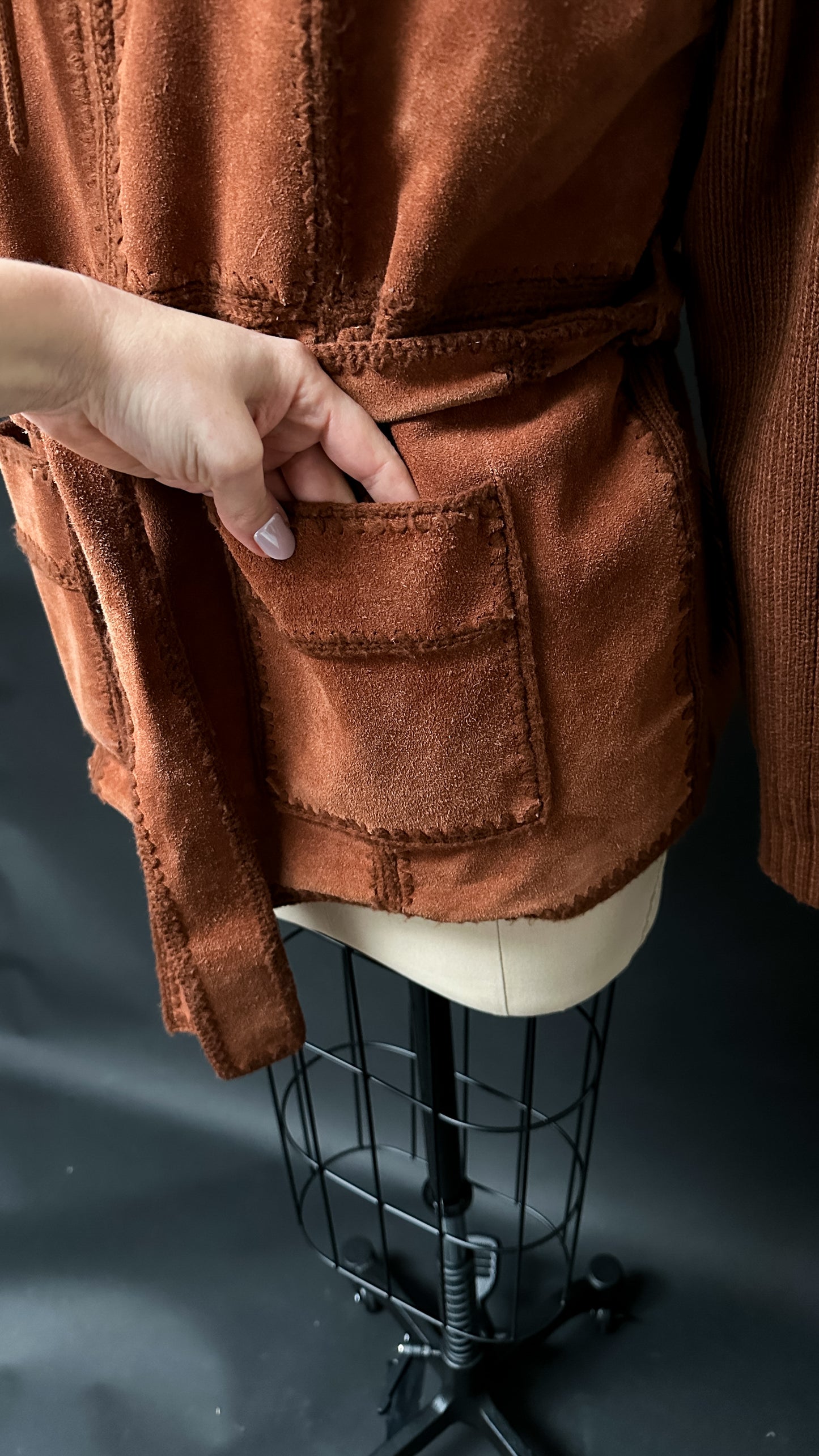 Vintage 1970s Brown Suede Patchwork and Knit Belted Jacket (L)