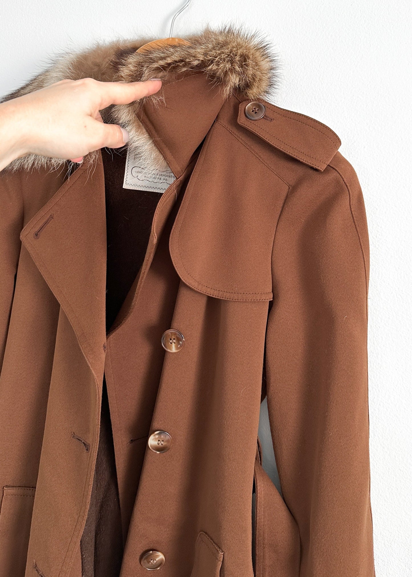 Vintage 70s London Fog Brown Long Trench with Fur Collar Winter Coat (S)