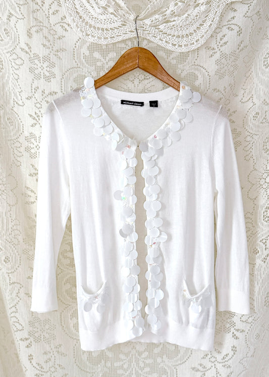 Michael Simon White Sequin Disc Embellished Cardigan (S)