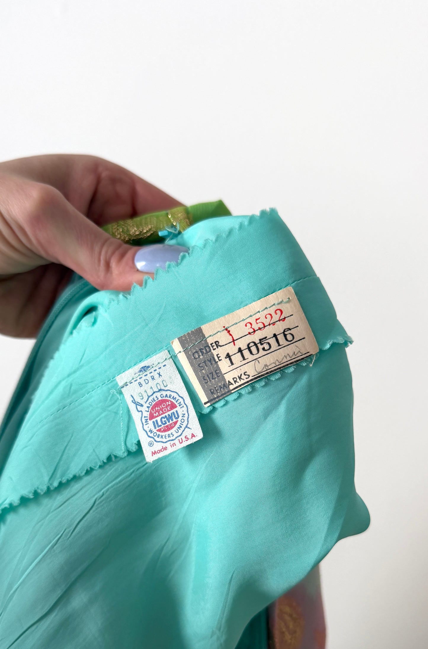 Vintage 60s Nat Kaplan Couture Green Blue Pink Floral & Metallic Thread Dress with Neck Scarf