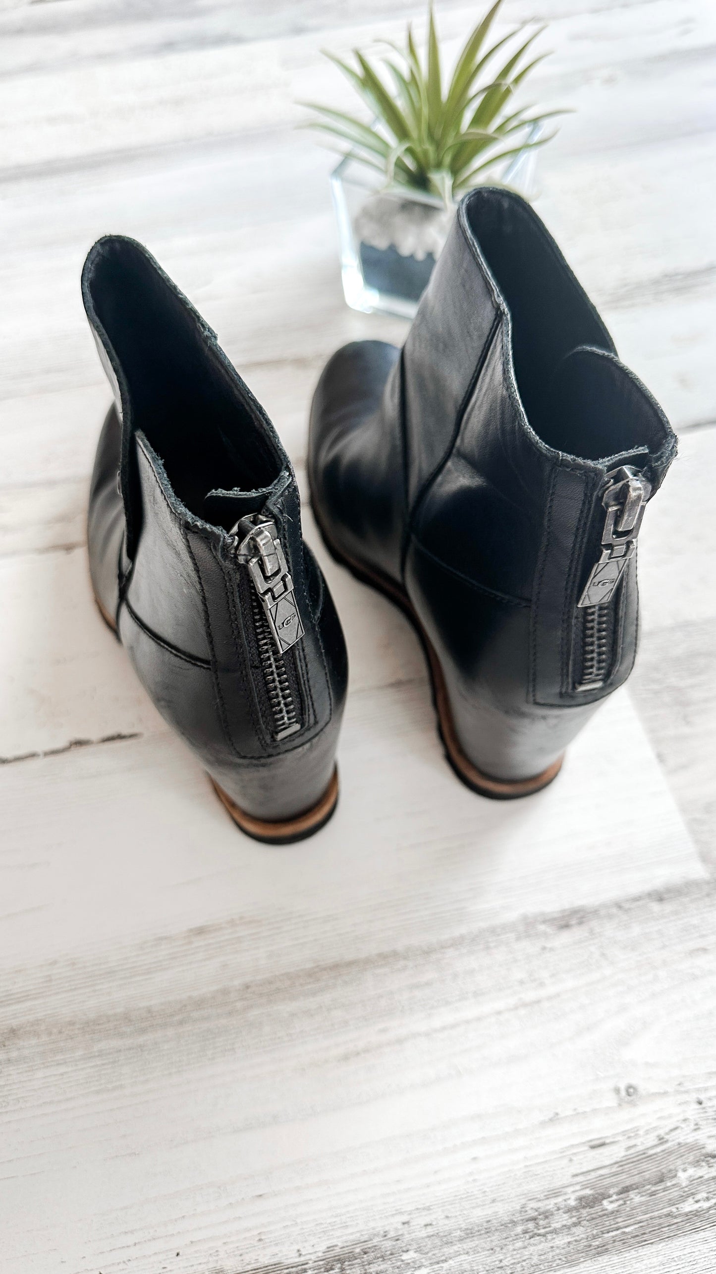 UGG Black Leather Amal Wedge Boots (7.5)