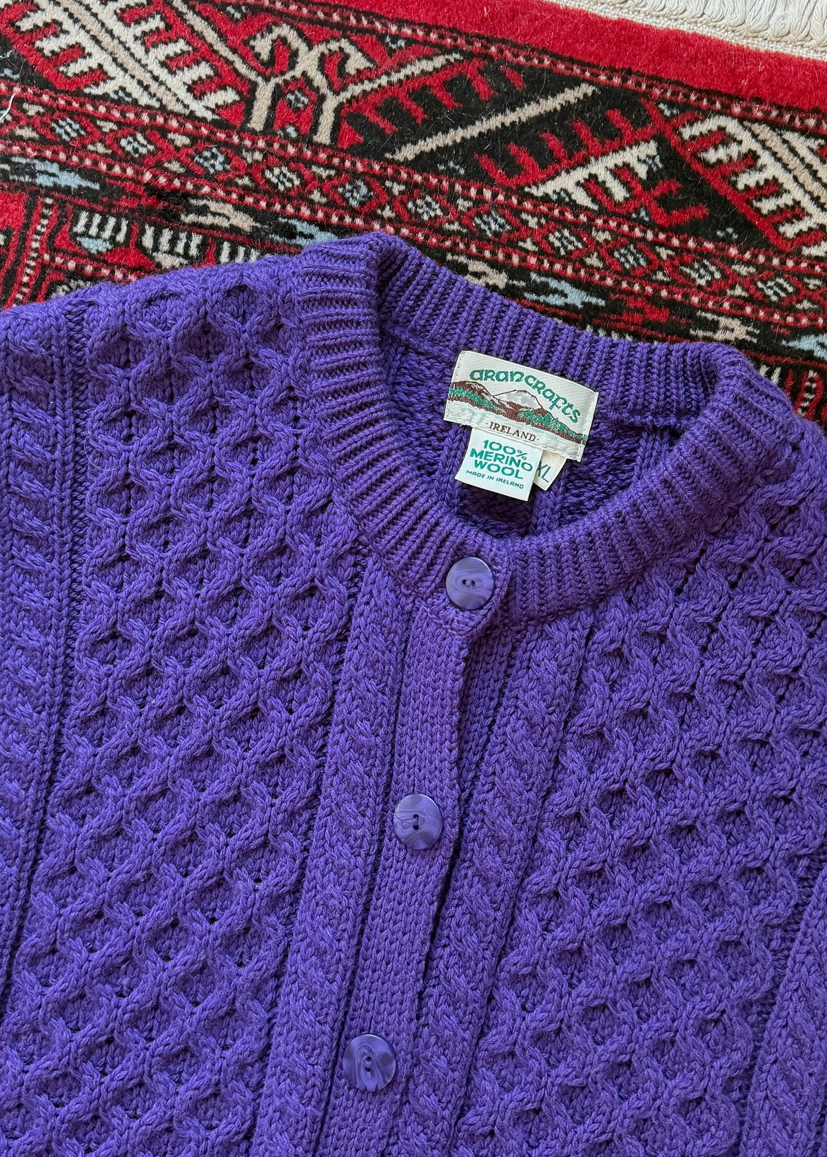 Vintage Aran Crafts Ireland Purple Merino Wool Cable Knit Cardigan (XL)