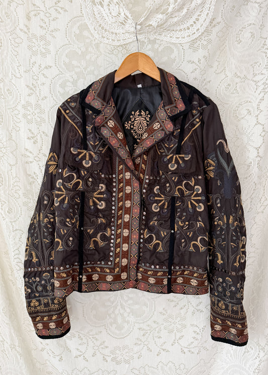 BIYA by Johnny Was Olive Brown Embroidered Studded Boho Moto Jacket