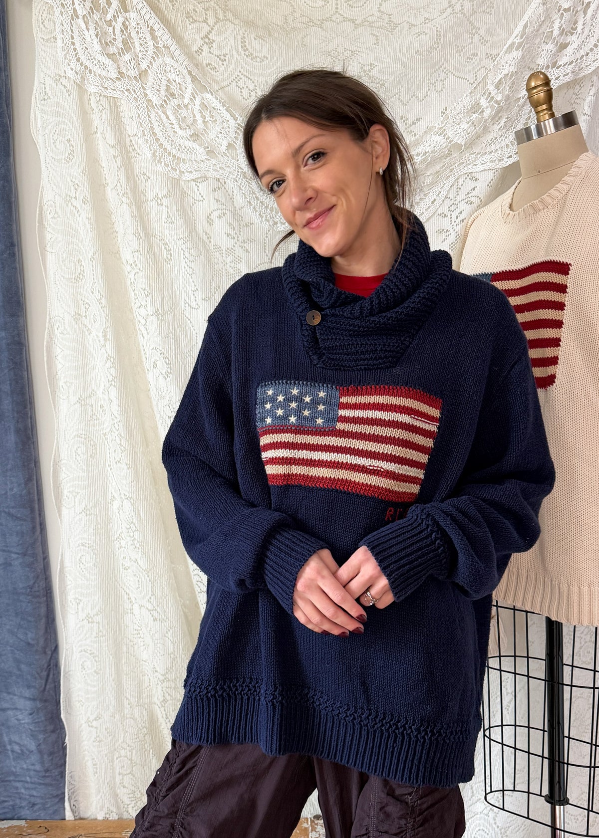 Polo Ralph Lauren RL67 American Flag Linen Cotton Shawl Collar Sweater Navy