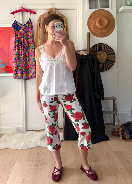 Vintage 00s Habana Rose Print Denim Capri Pants (4)
