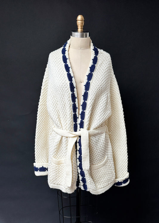 Vintage 70s/80s Bonnie Lee Cream & Navy Belted Cozy Cardigan