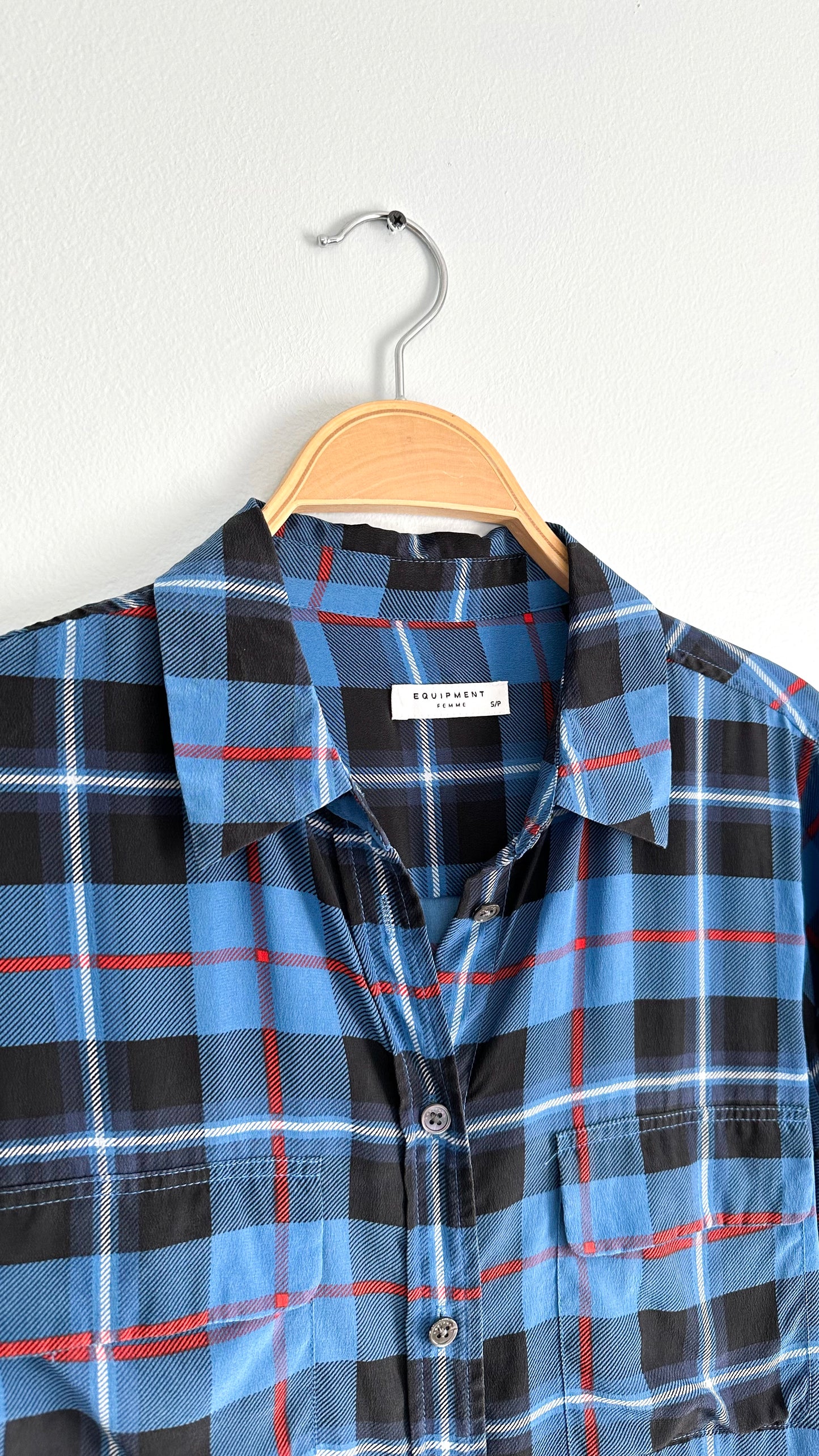 Equipment Standard Silk Blue Plaid Top (S)