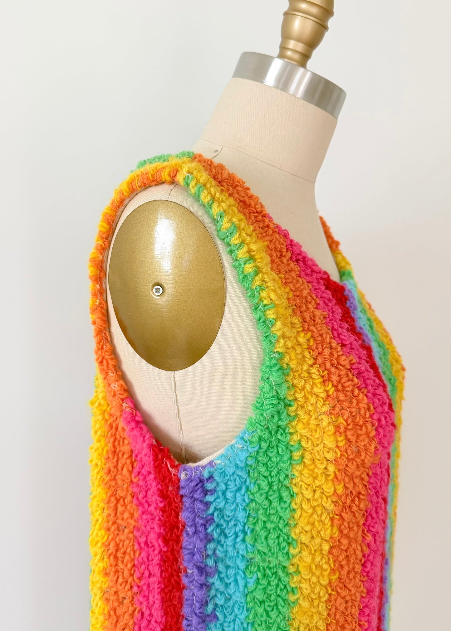 Vintage 60s Jack Winter Rainbow Crochet Mini Fringe Hem Dress (M)