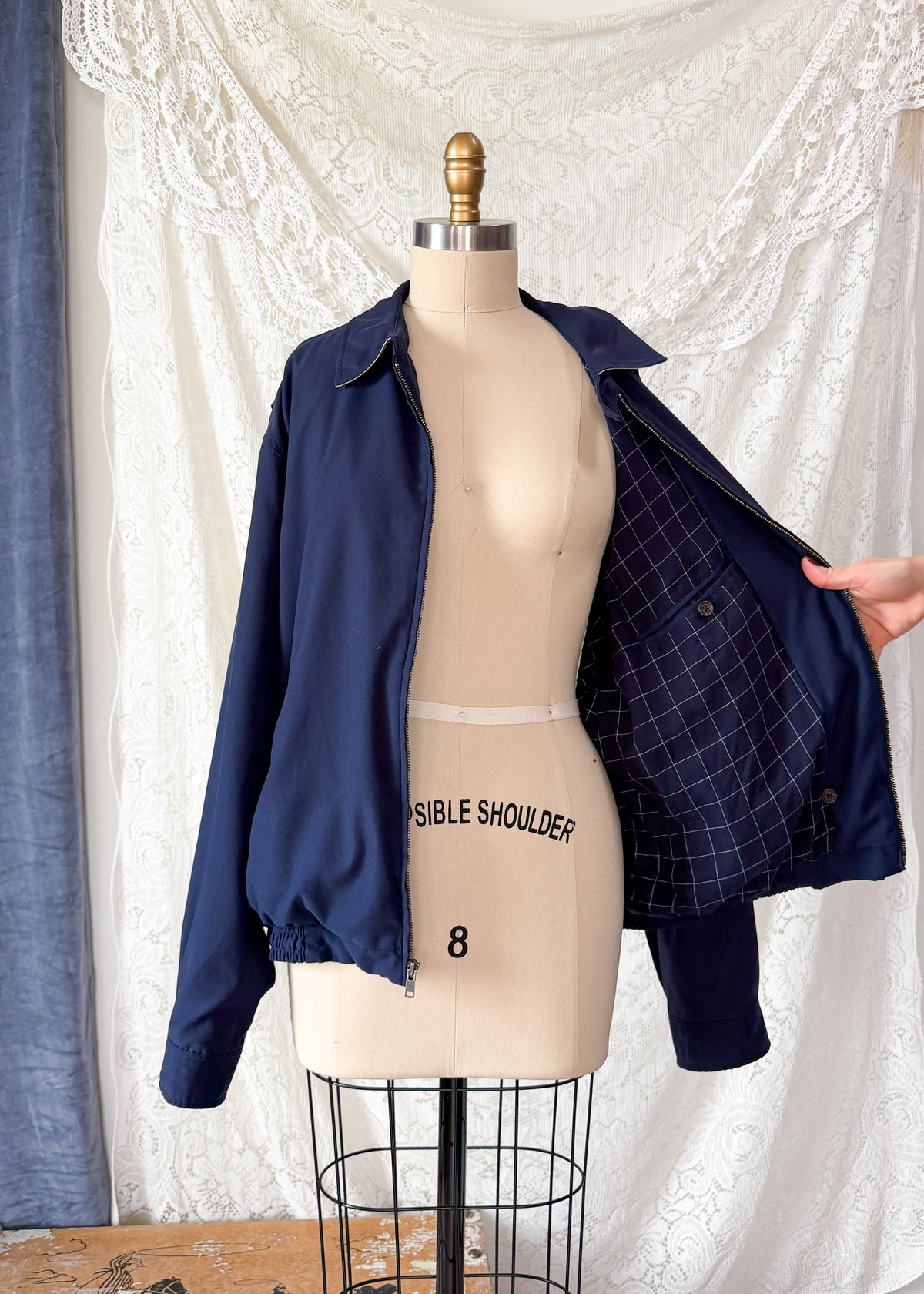 Vintage 90s Polo Ralph Lauren Classic Navy Harrington Jacket Windowpane Lining (L)