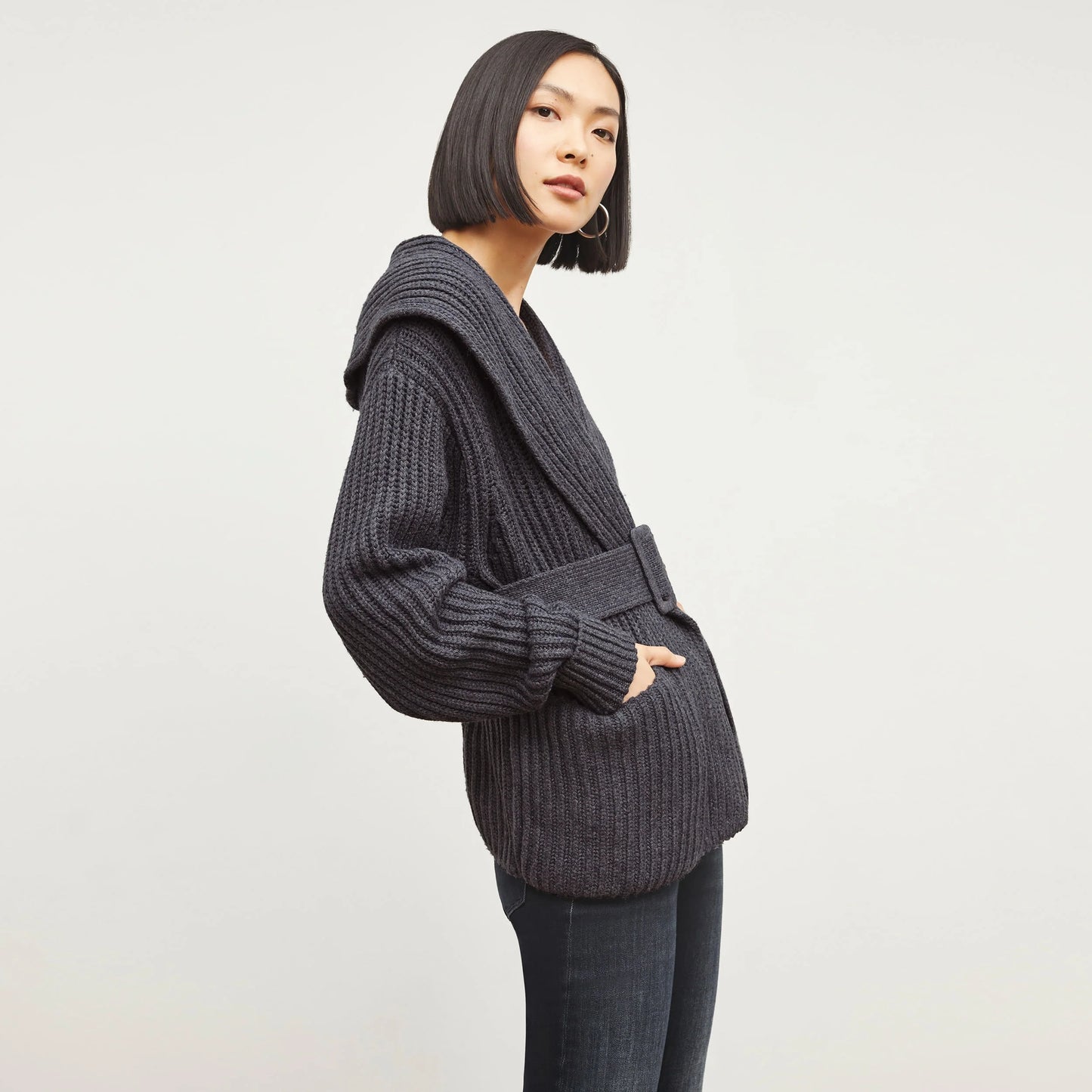 M.M. LaFleur Snyder Lush Cotton Merino Wool Knit Belted Jacket in Charcoal