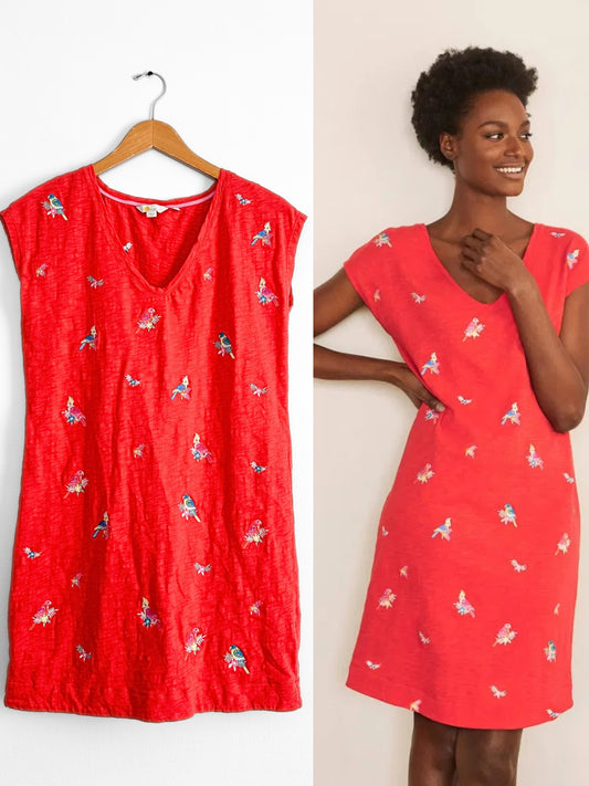 Boden Bright Red Polly Parrot Embroidered Sun Dress (4P or S)