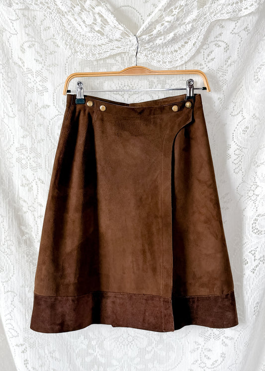 Vintage Chocolate Brown Suede A-Line Wrap Skirt