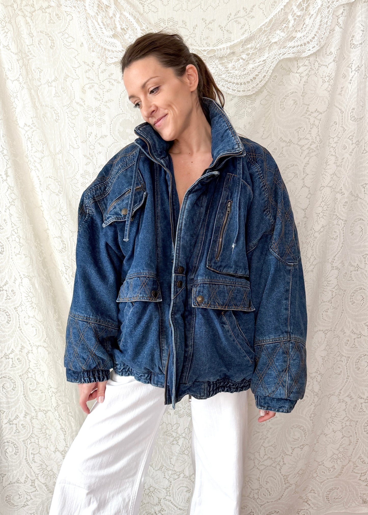 Vintage 90s In Crowd Denim Ski Jacket Southwestern Lined Oversized Coat