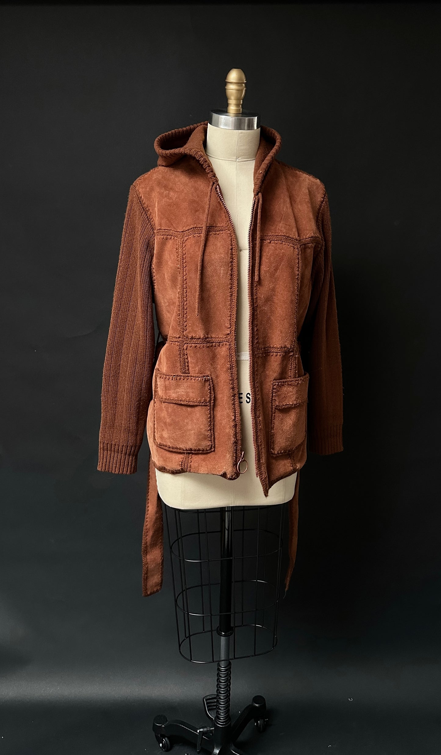 Vintage 1970s Brown Suede Patchwork and Knit Belted Jacket (L)