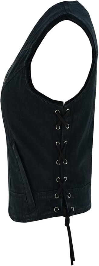 Biker Moto Black Laced Denim Vest (L/XL)