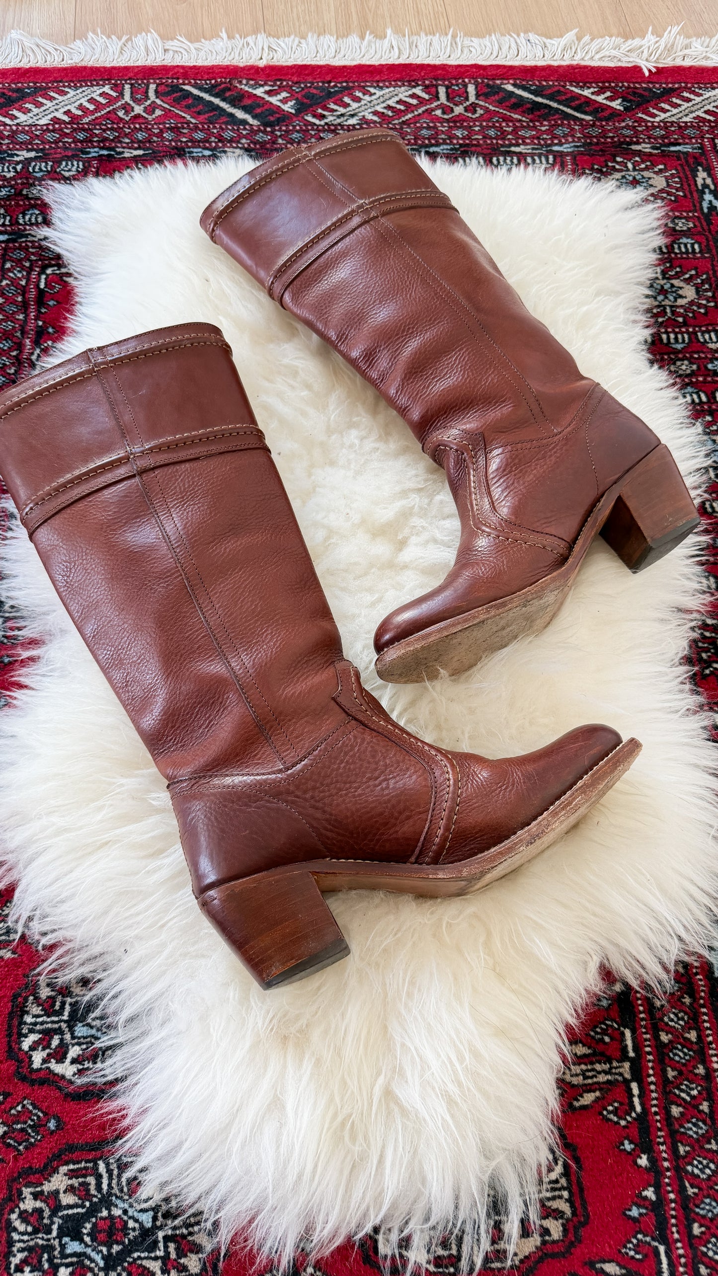 FRYE Jane Stitch Dark Brown Redwood Leather Riding Boots 77230  (8.5)