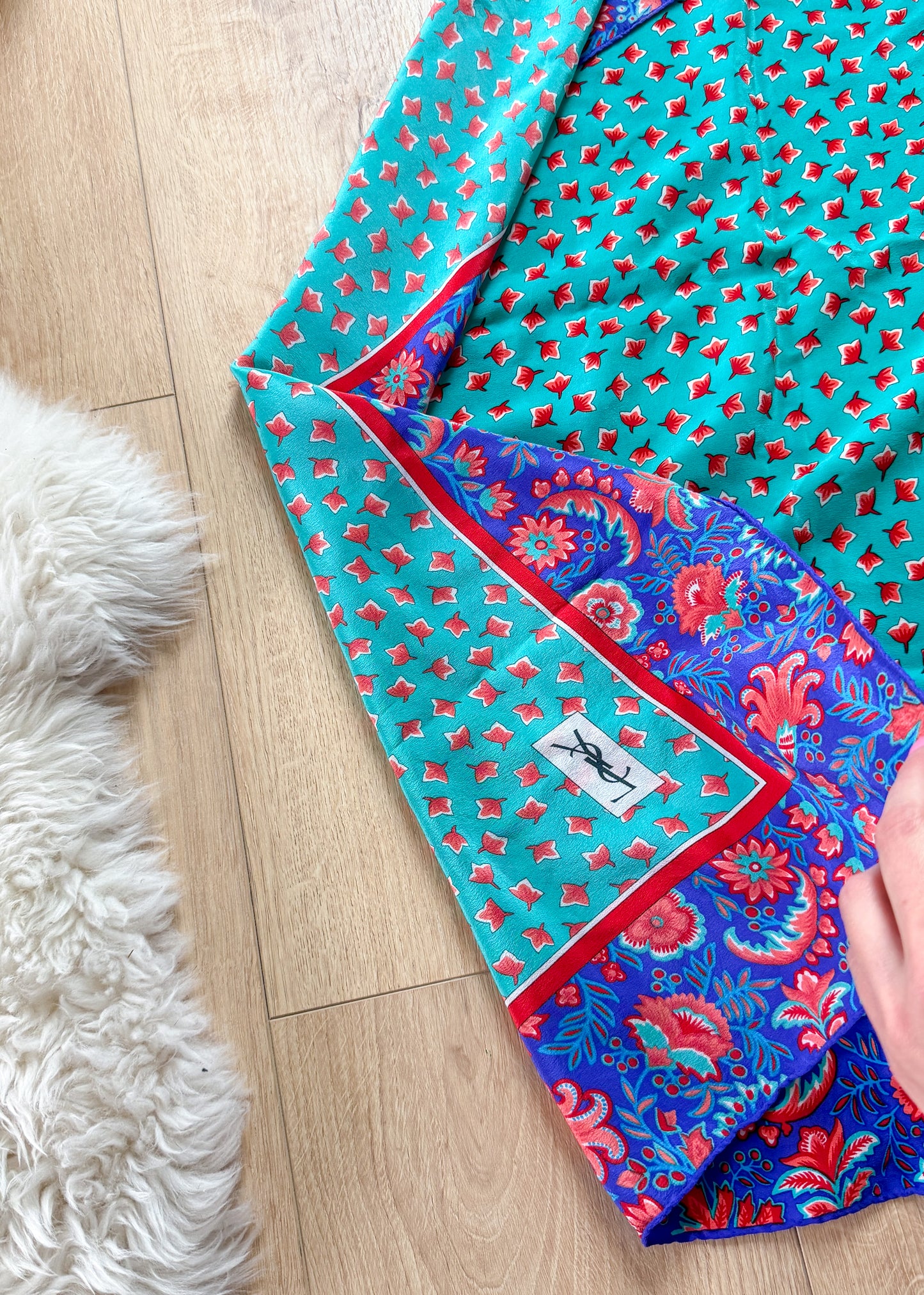 Vintage 80s Yves Saint Laurent Turquoise and Purple Floral Silk Square Scarf 32x32