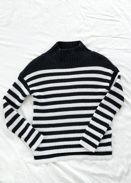 White + Warren Navy White Heavy Knit Stripe Mock Neck Sweater (XS)