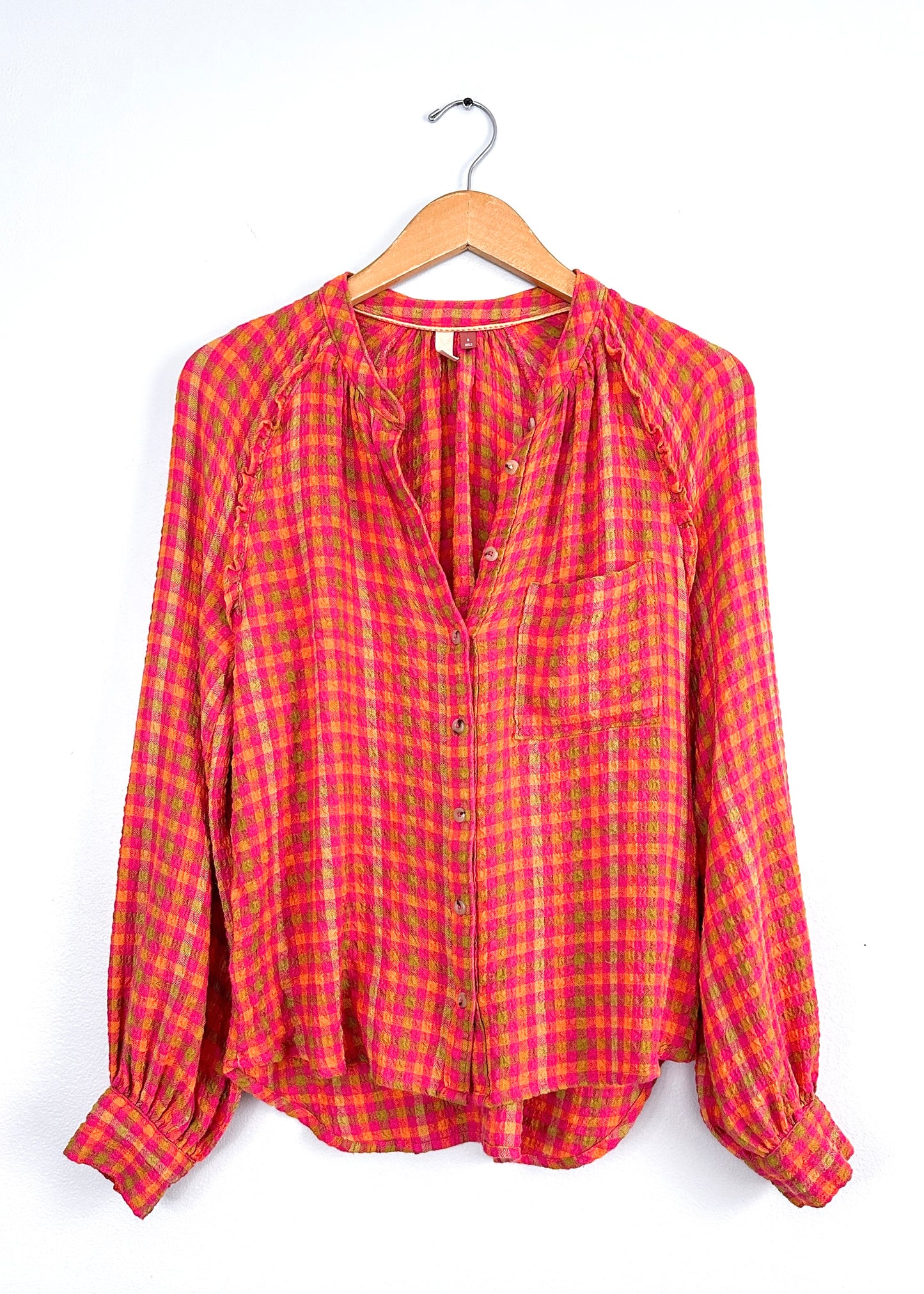 Anthropologie Pilcro Breezy Blouse in Pink Orange Green Gingham (S)