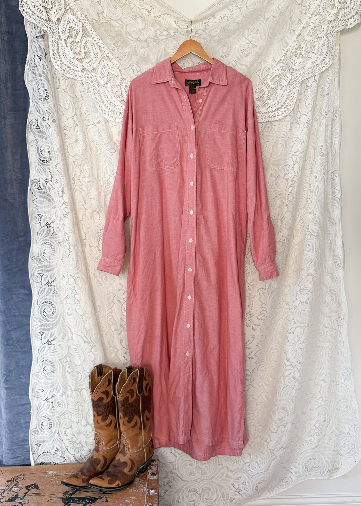 Vintage 90s Eddie Bauer Red Chambray Maxi Shirt Dress (L)