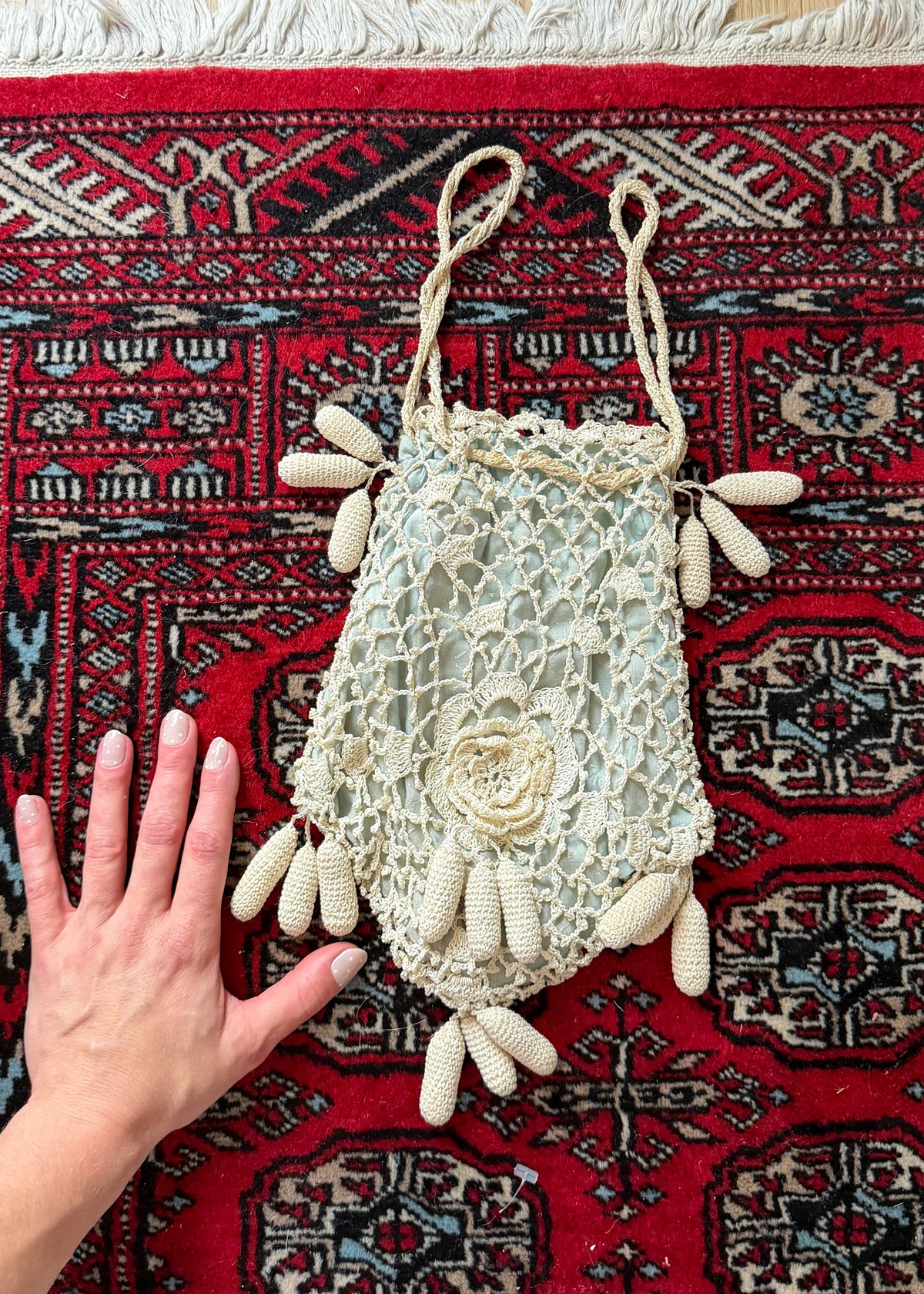 Antique Edwardian Irish Crochet Reticule Purse Sea Foam Green Lined c. 1900–1915