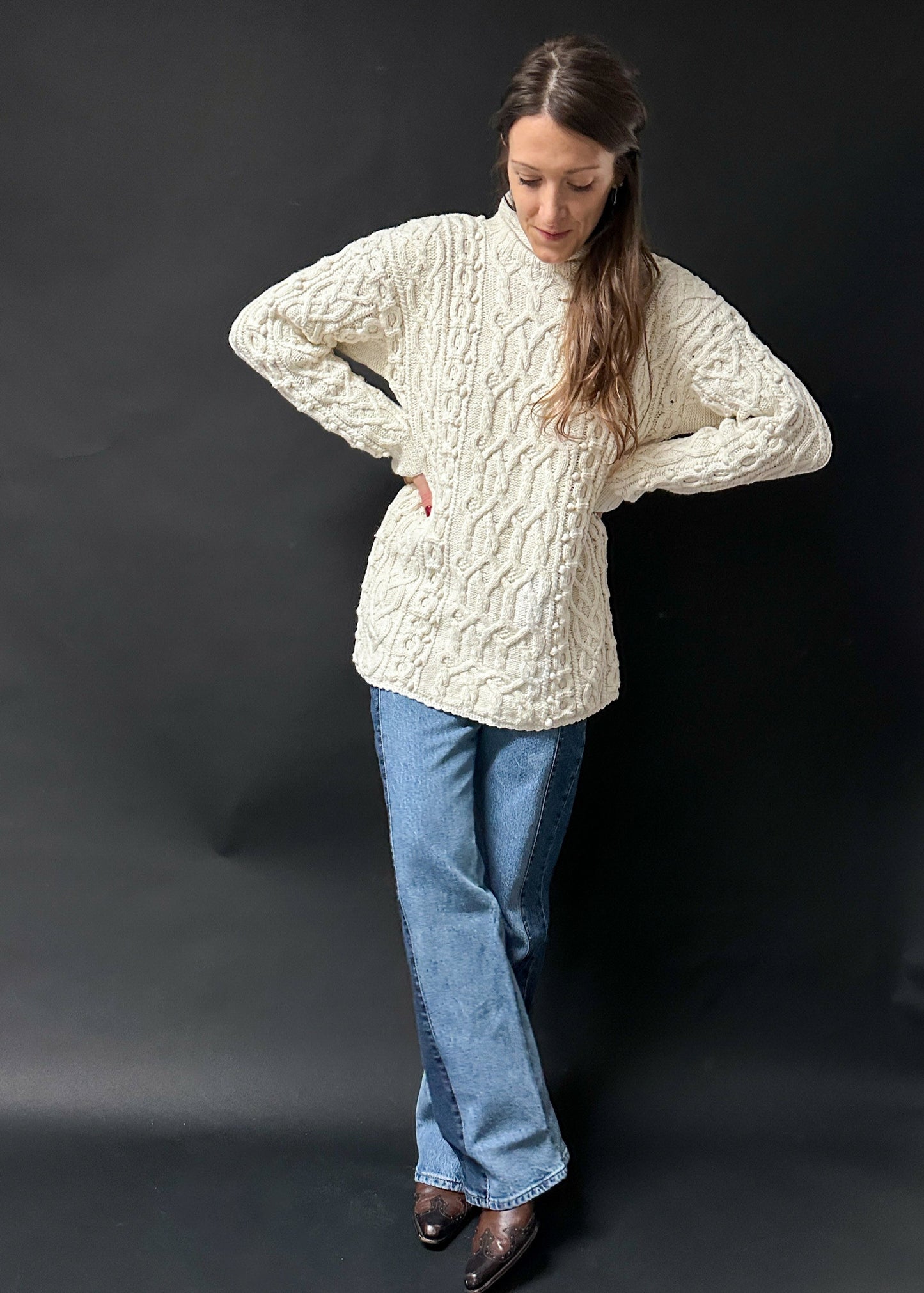 Yarnworks Handknit Cozy Cream Heavy Knit Roll Neck Sweater (M)