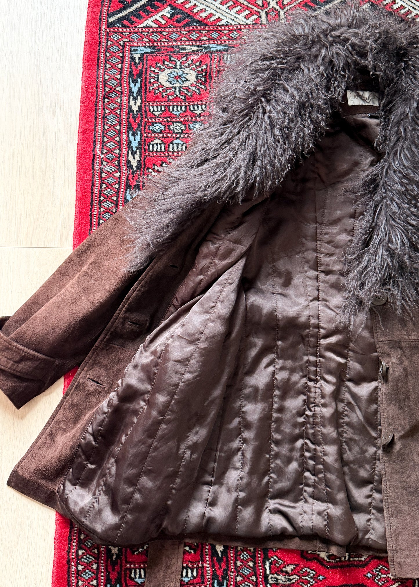 Vintage Chocolate Brown Suede Leather & Mongolian Lamb Fur Collar Penny Lane Coat (M)