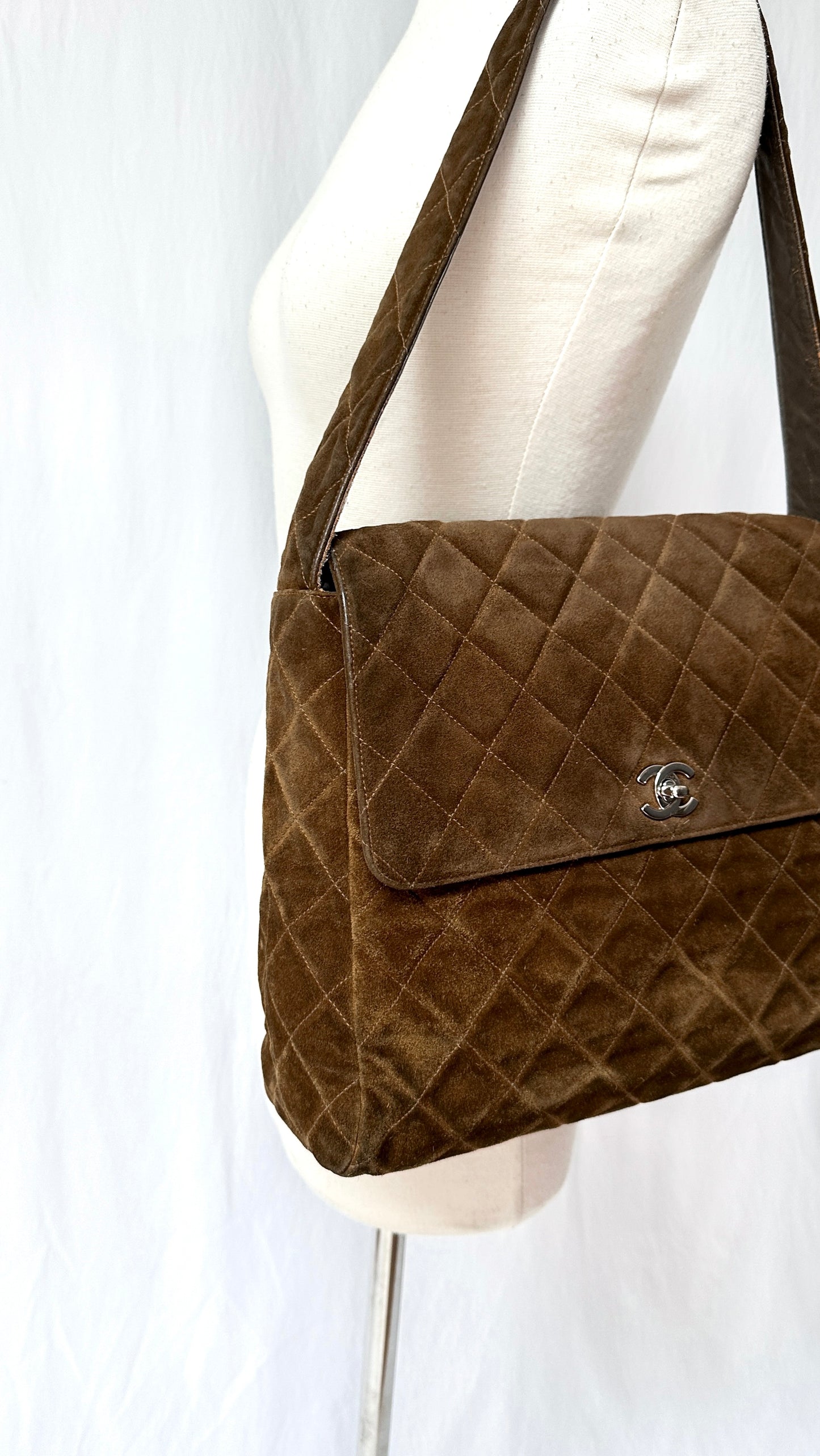 Vintage Chanel Brown Suede Quilted Matelassé Silver Turnlock Tote Purse