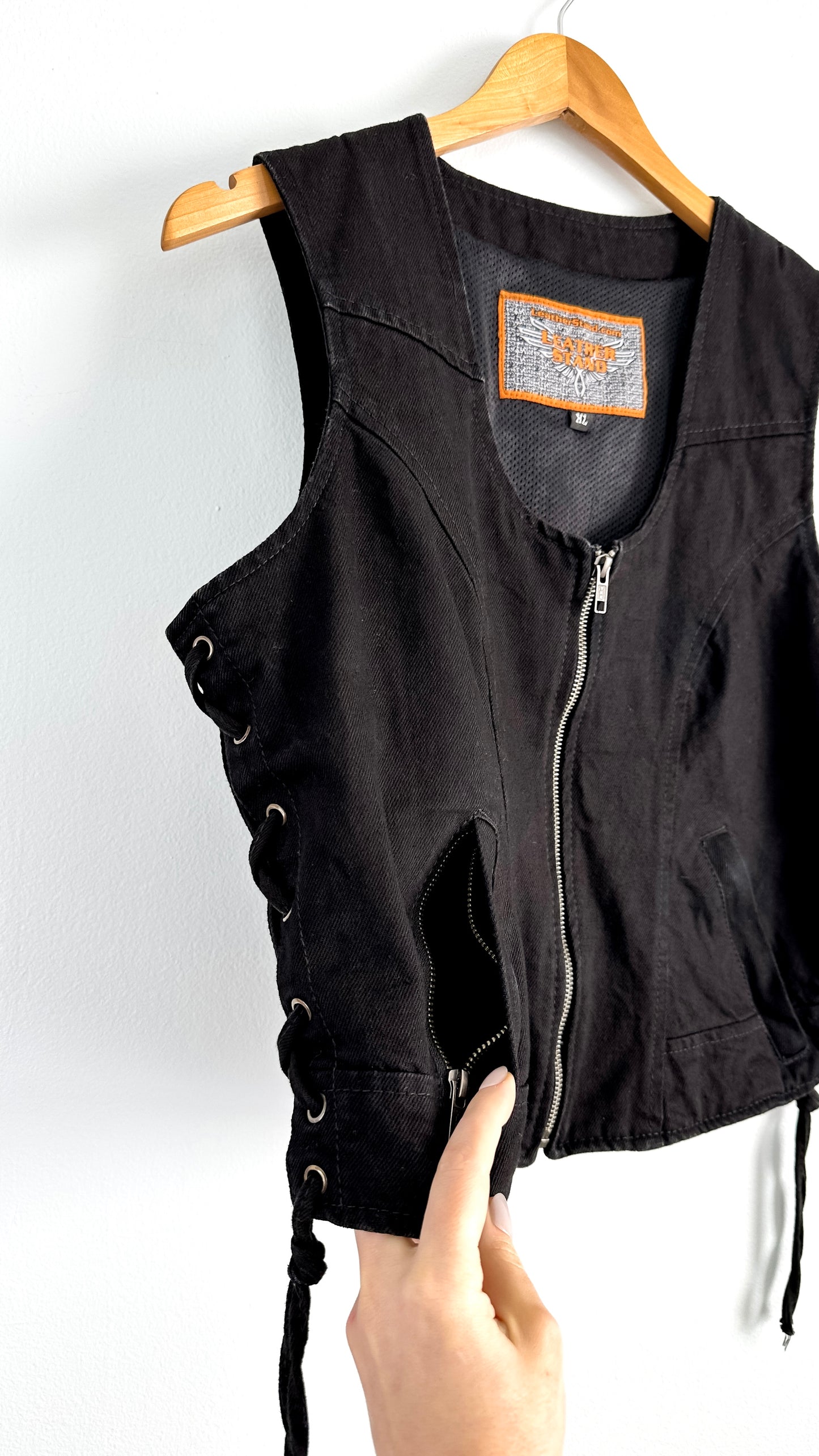 Biker Moto Black Laced Denim Vest (L/XL)