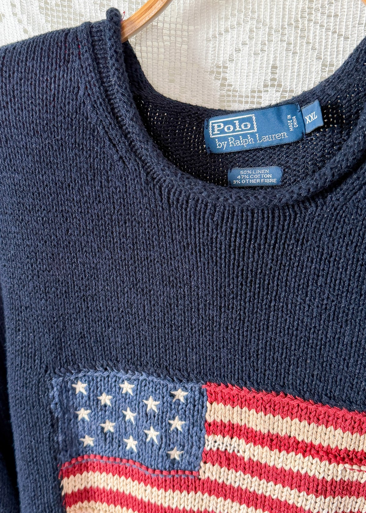 Vintage 00s Polo Ralph Lauren RL67 American Flag Linen Cotton Rolled Neck Sweater