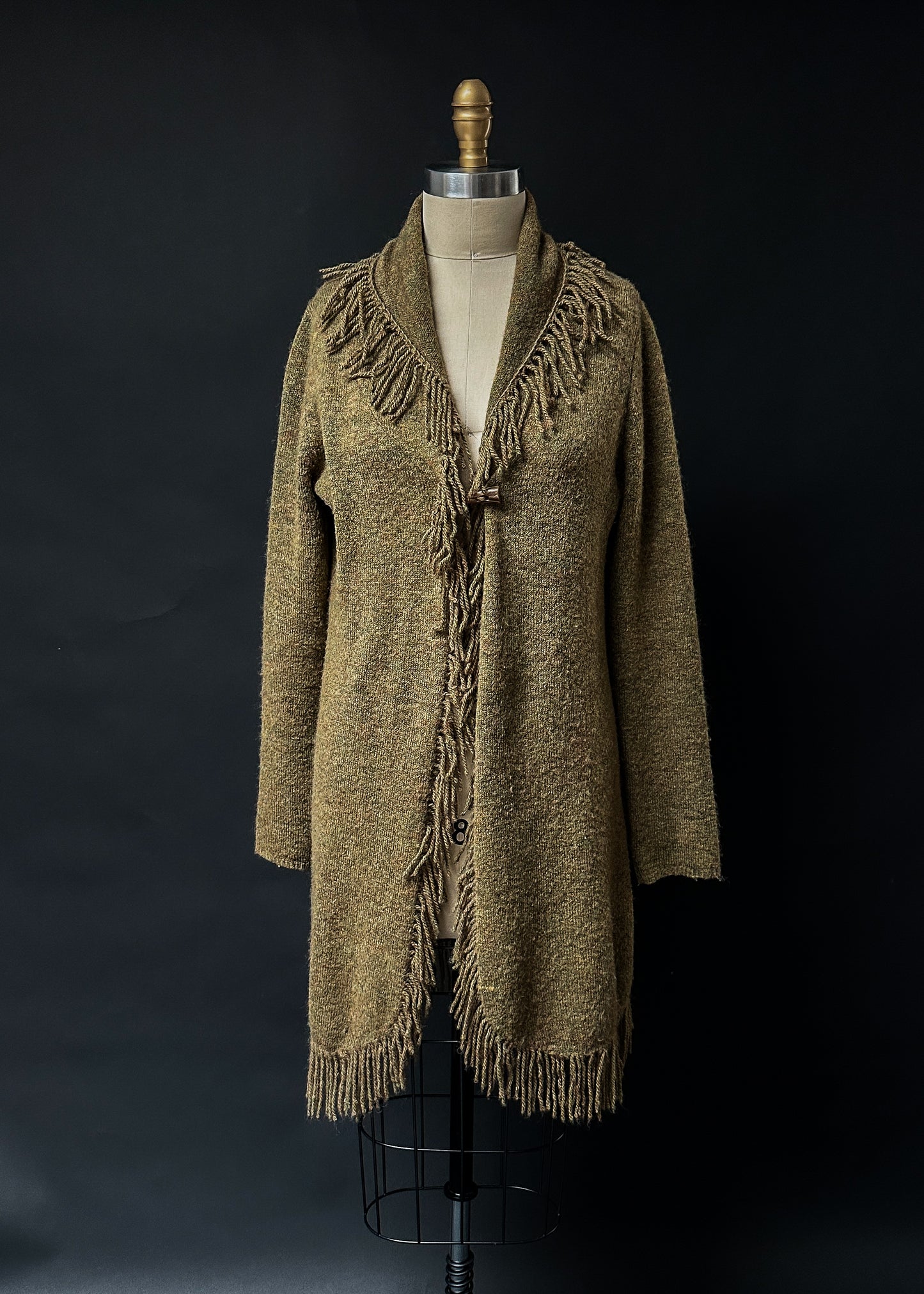 Susan Bristol Green Fringe Single Button Long Cardigan (M)