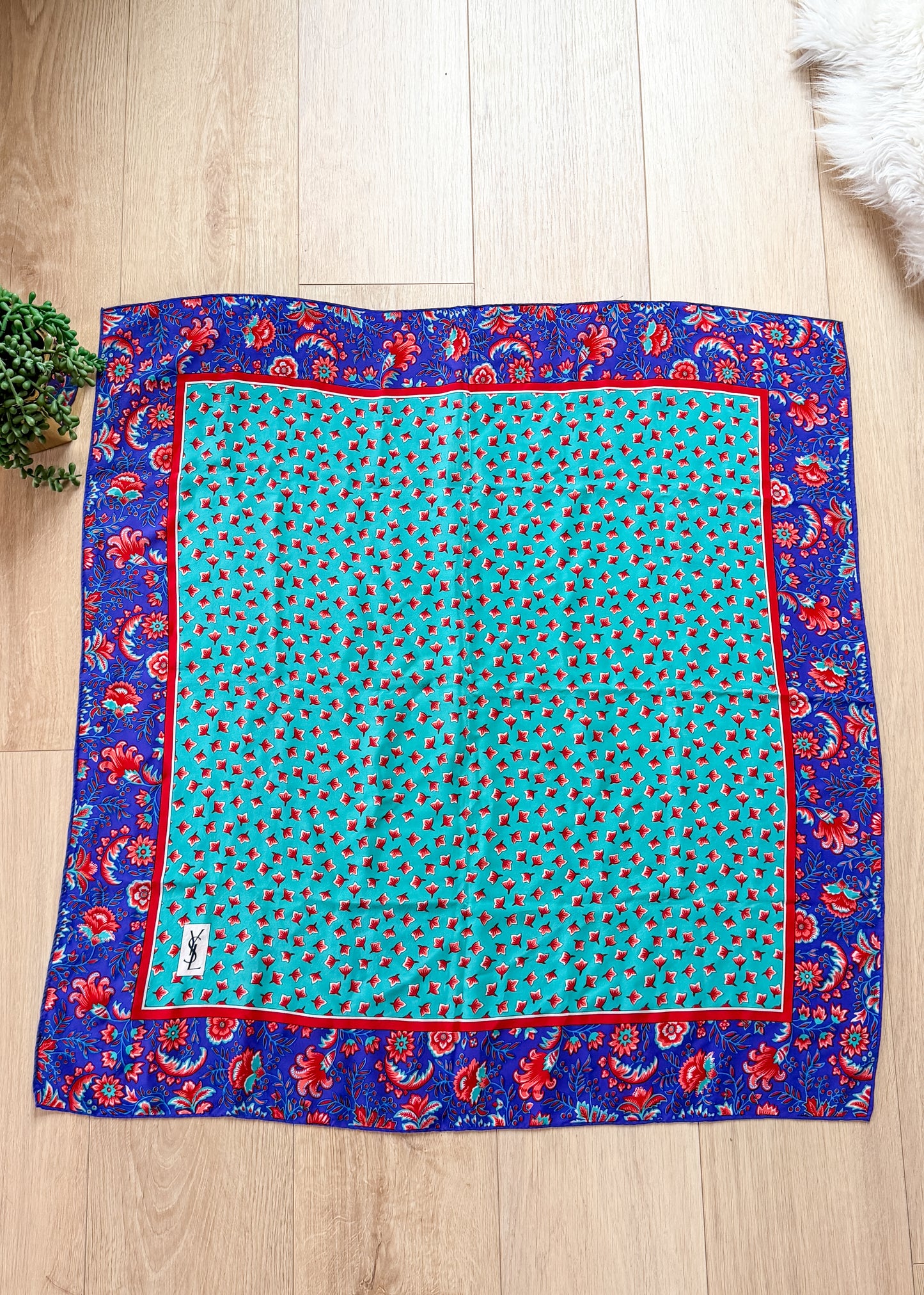 Vintage 80s Yves Saint Laurent Turquoise and Purple Floral Silk Square Scarf 32x32