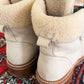 Frye Samantha Hiker Combat in Ivory Leather Shearling and Green Laces Winter Boots (7.5)