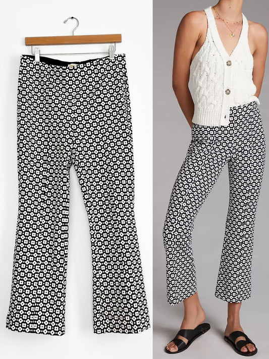 Anthropologie Maeve Black White Daisy Flower Kick Flare Pants (M)