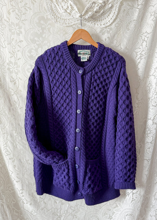 Vintage Aran Crafts Ireland Purple Merino Wool Cable Knit Cardigan (XL)
