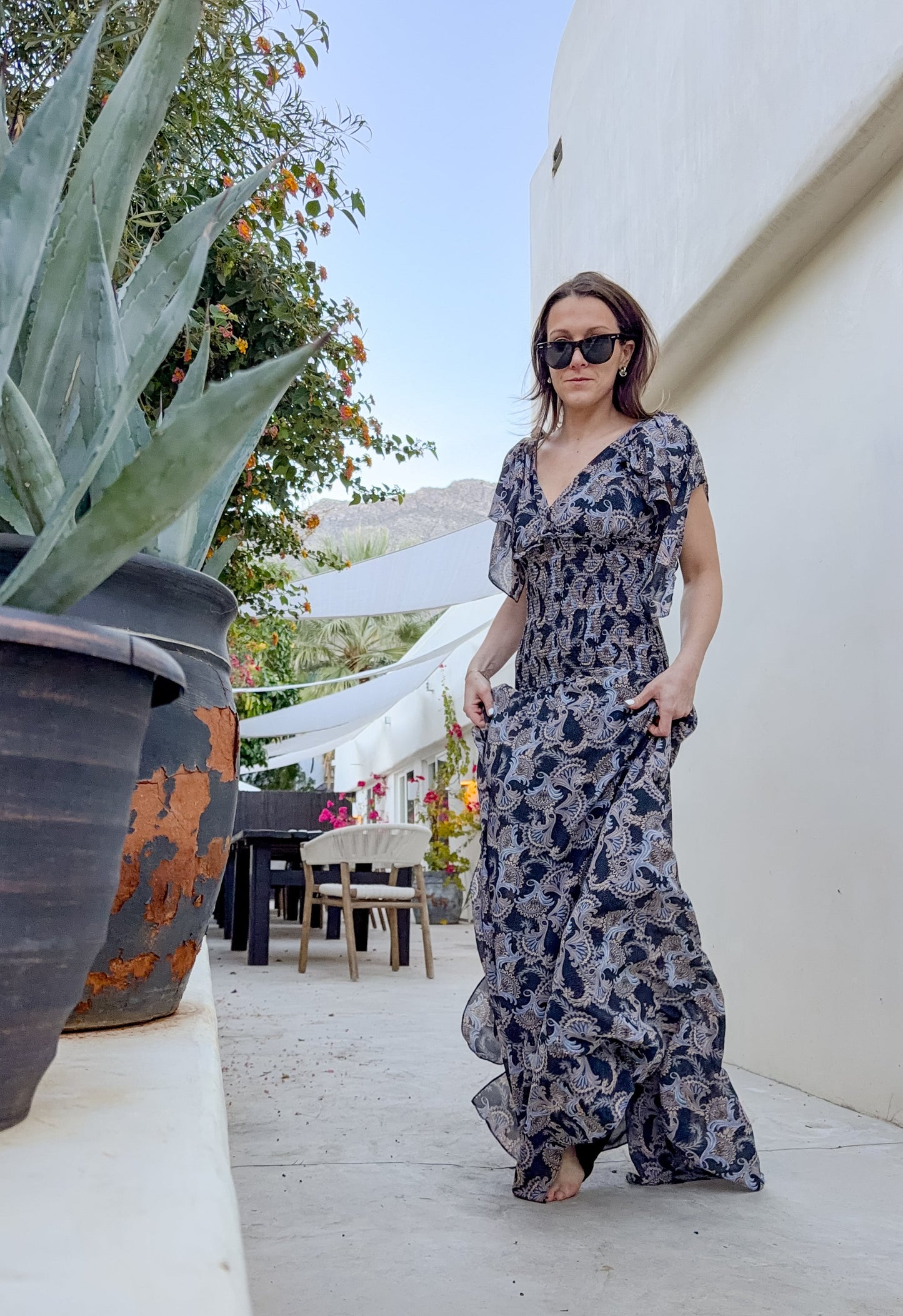 Cinq à Sept Kris Chiffon Dress in Raven Paisley Navy Blue Chiffon Smocked Maxi