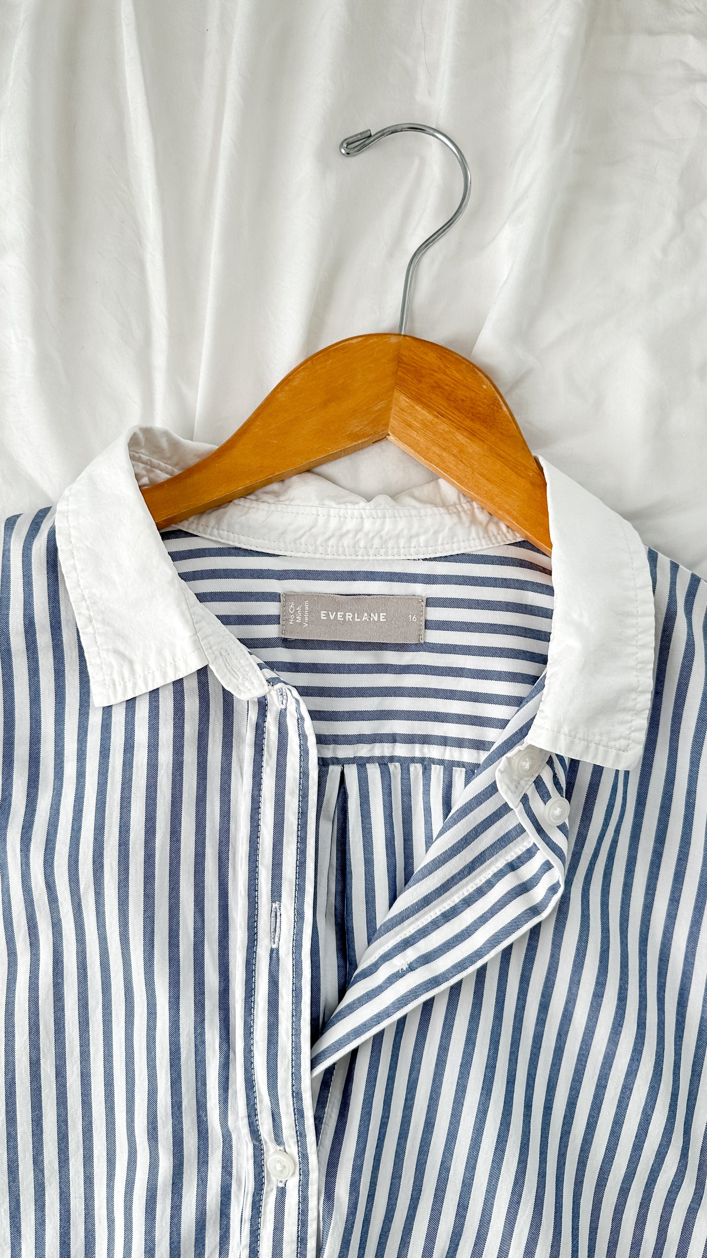 Everlane Must-Have Silky Cotton Mariner Blue and White Stripe Button Down Top (16)