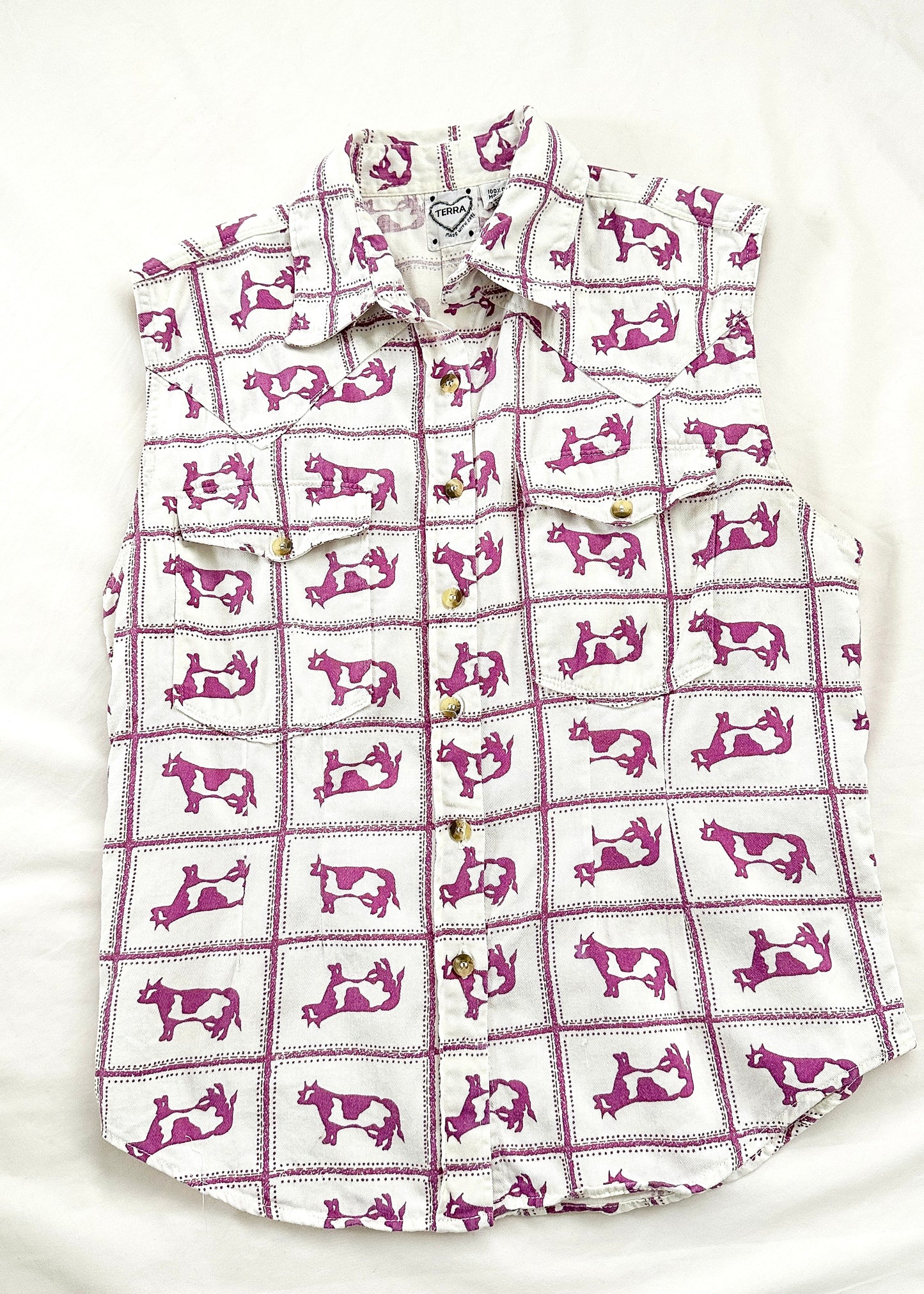 Terra Purple and White Western Cow Print Button Down Top (M)