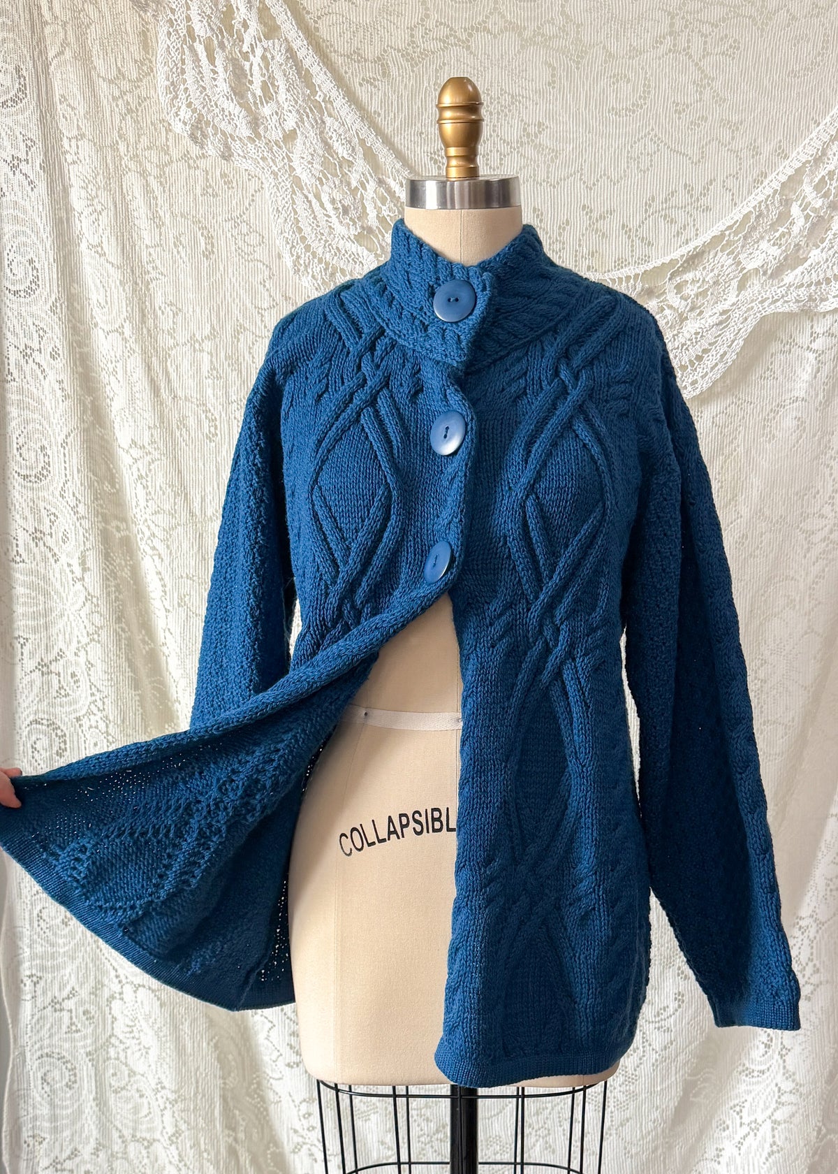 Vintage Aran Crafts Ireland Teal Blue Wool Cable Knit Cardigan Jacket (L)