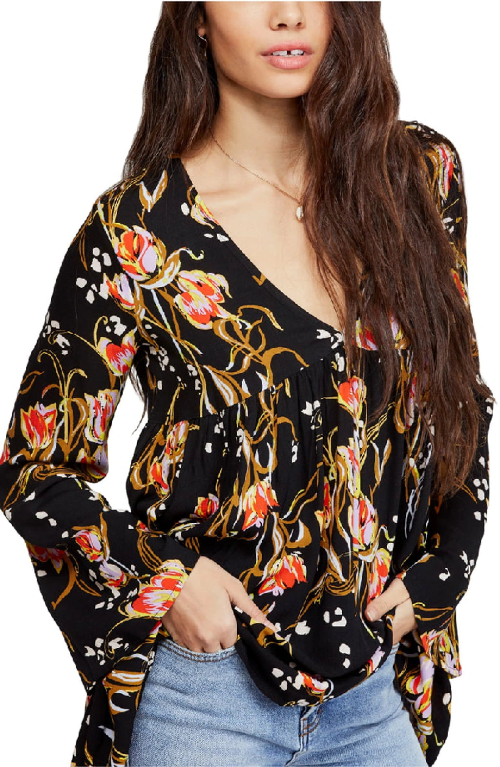 Free People Bella Printed Black Floral Tunic (M)