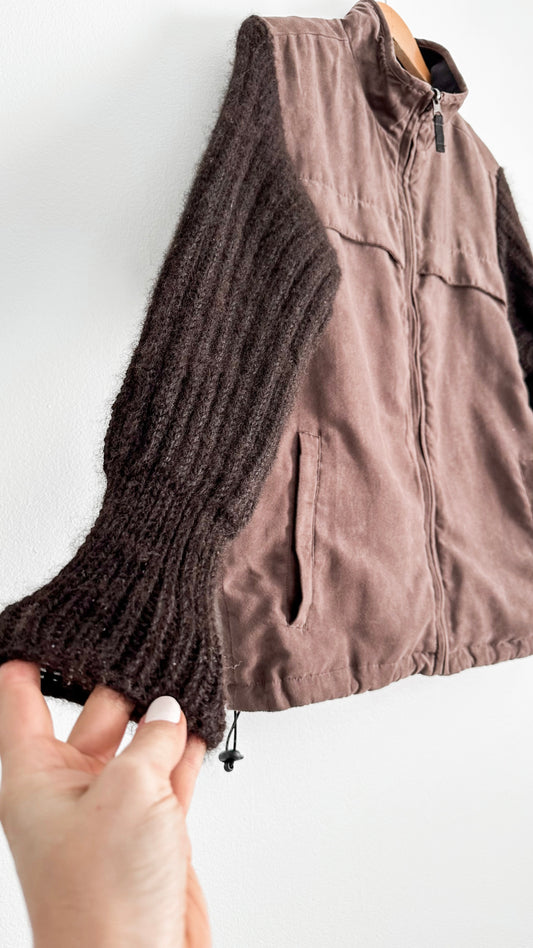 Vintage Weatherproof Chocolate Brown Knit Sleeve Contrast Jacket (M)