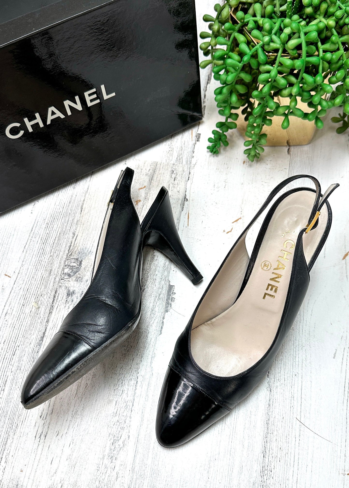 Vintage Chanel Black Leather Cap Toe Slingback Heels (38)