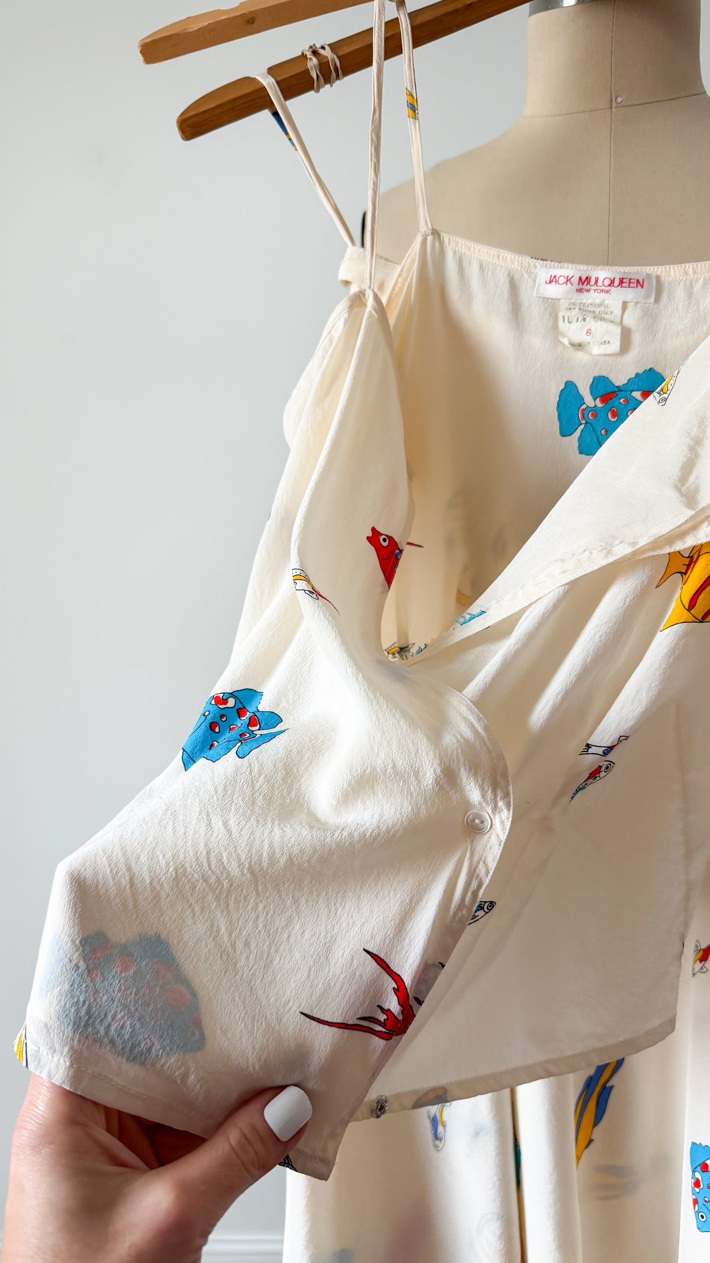 Vintage 80s Jack Mulqueen Cream Silk Fish Print Top Skirt Set