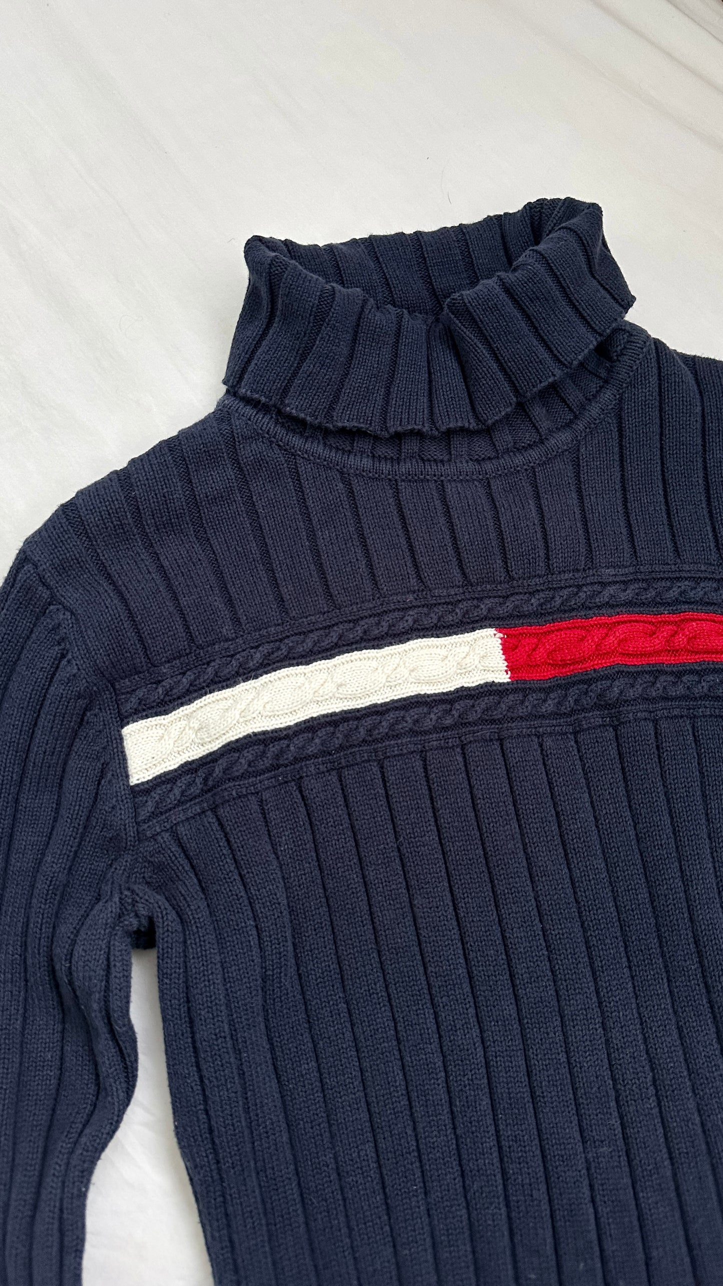 Vintage 2004 Tommy Hilfiger Womens Navy Cable Knit Flag Turtleneck Sweater