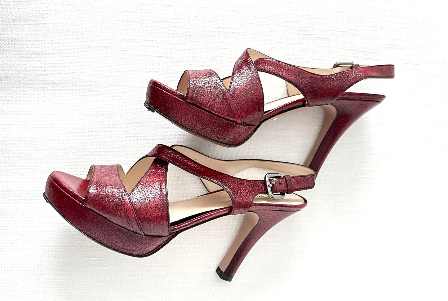 Prada Dark Red and Black Textured Leather Peep Toe Strappy Platform Heels (38.5 or 8.5)