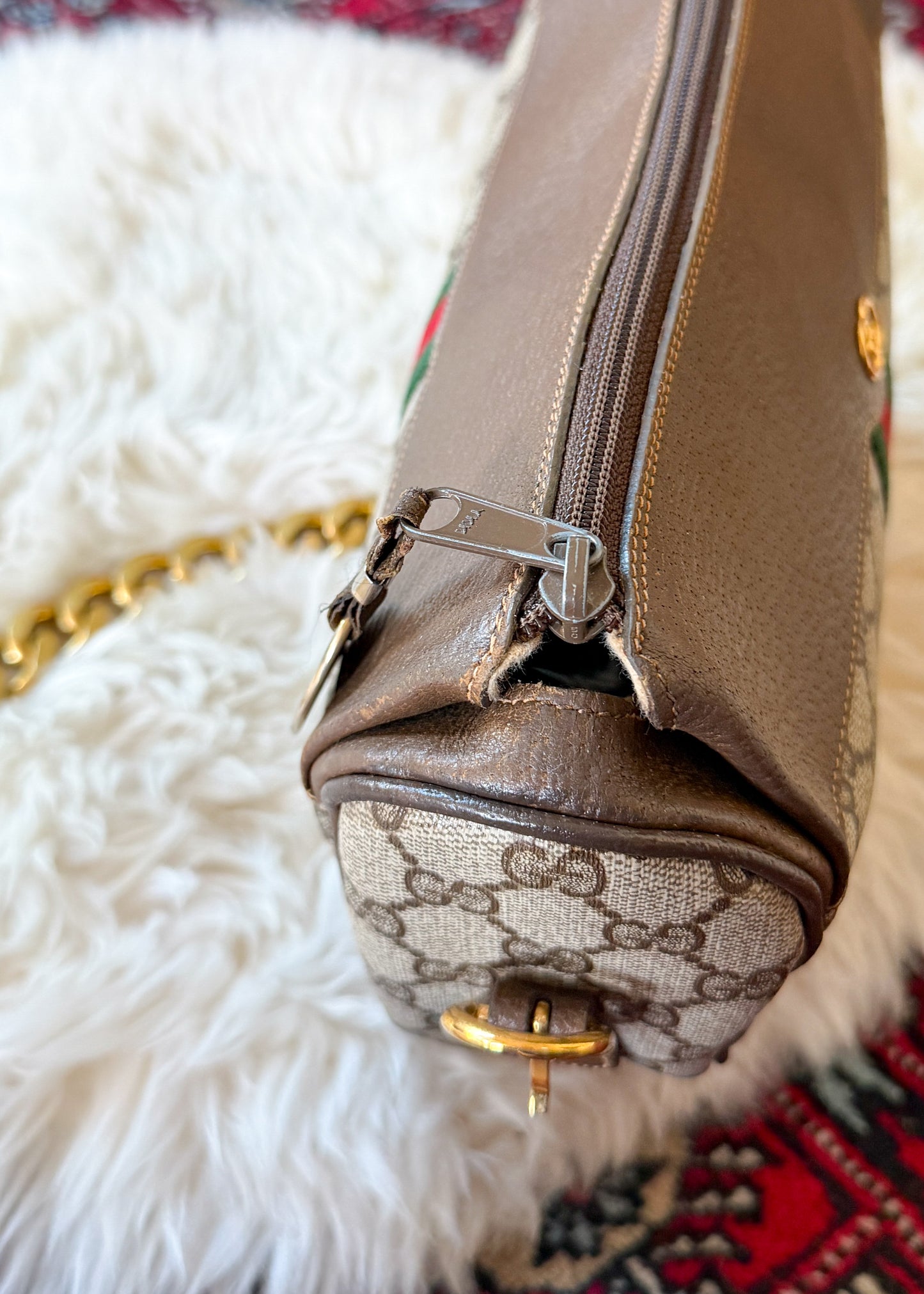 Vintage 80s Gucci Sherry Line GG Brown Shoulder Bag Purse + Gold Shoulder Chain