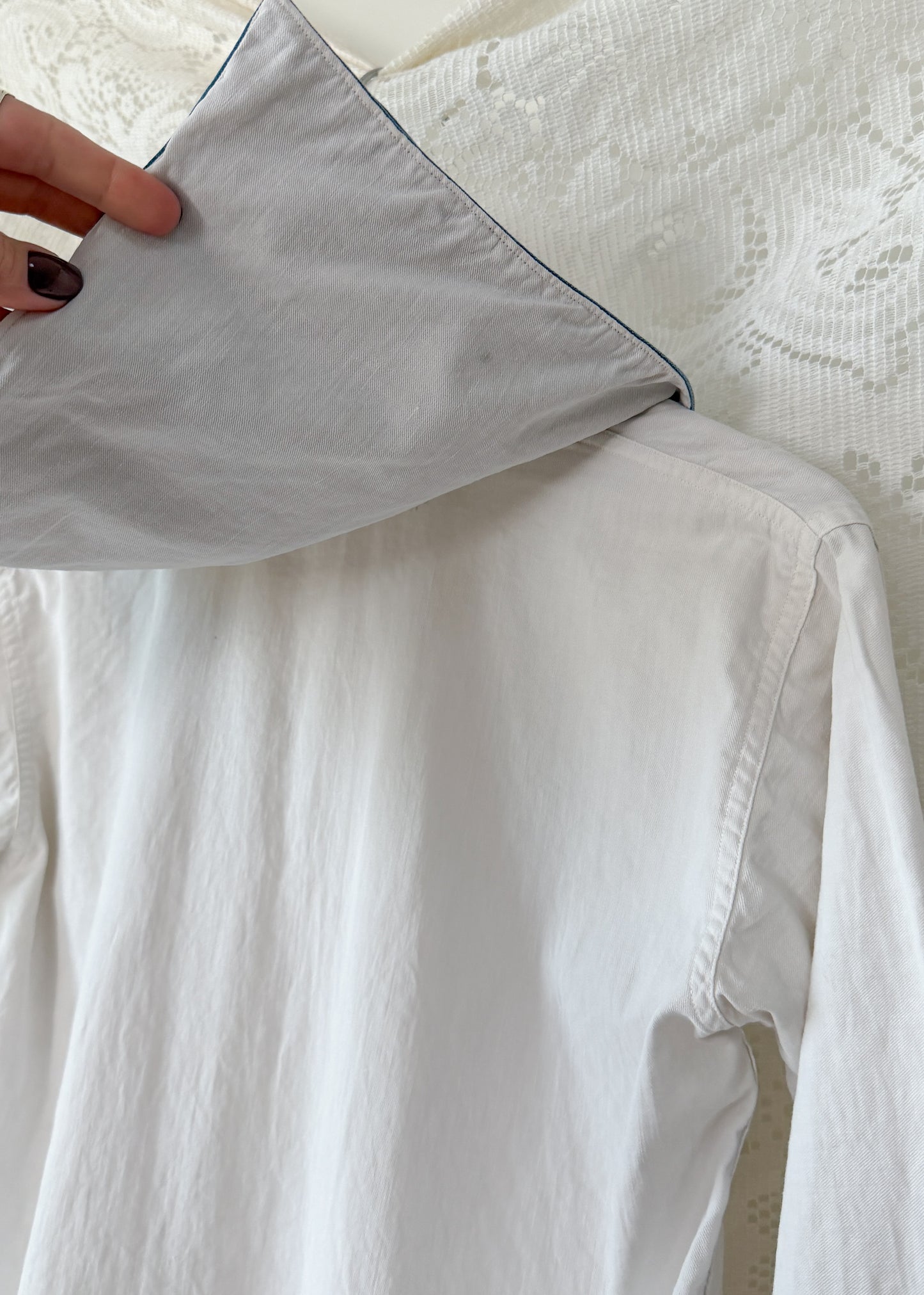 1940s White Nautical Sailor Blouse with Chambray Trim
