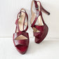 Prada Dark Red and Black Textured Leather Peep Toe Strappy Platform Heels (38.5 or 8.5)